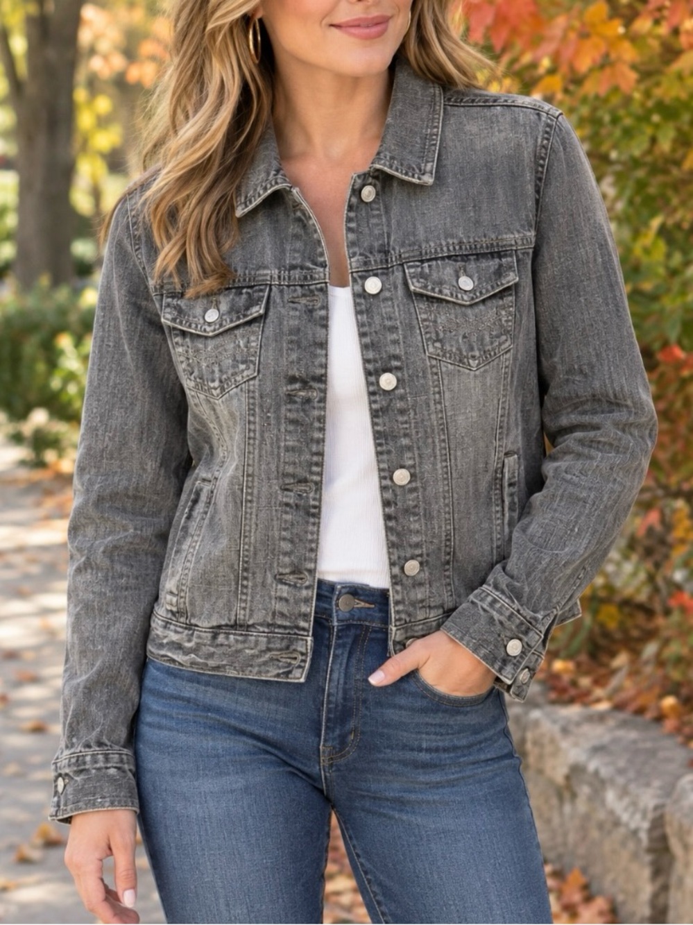 Aeropostale Women's Washed Gray Distressed Denim Jacket